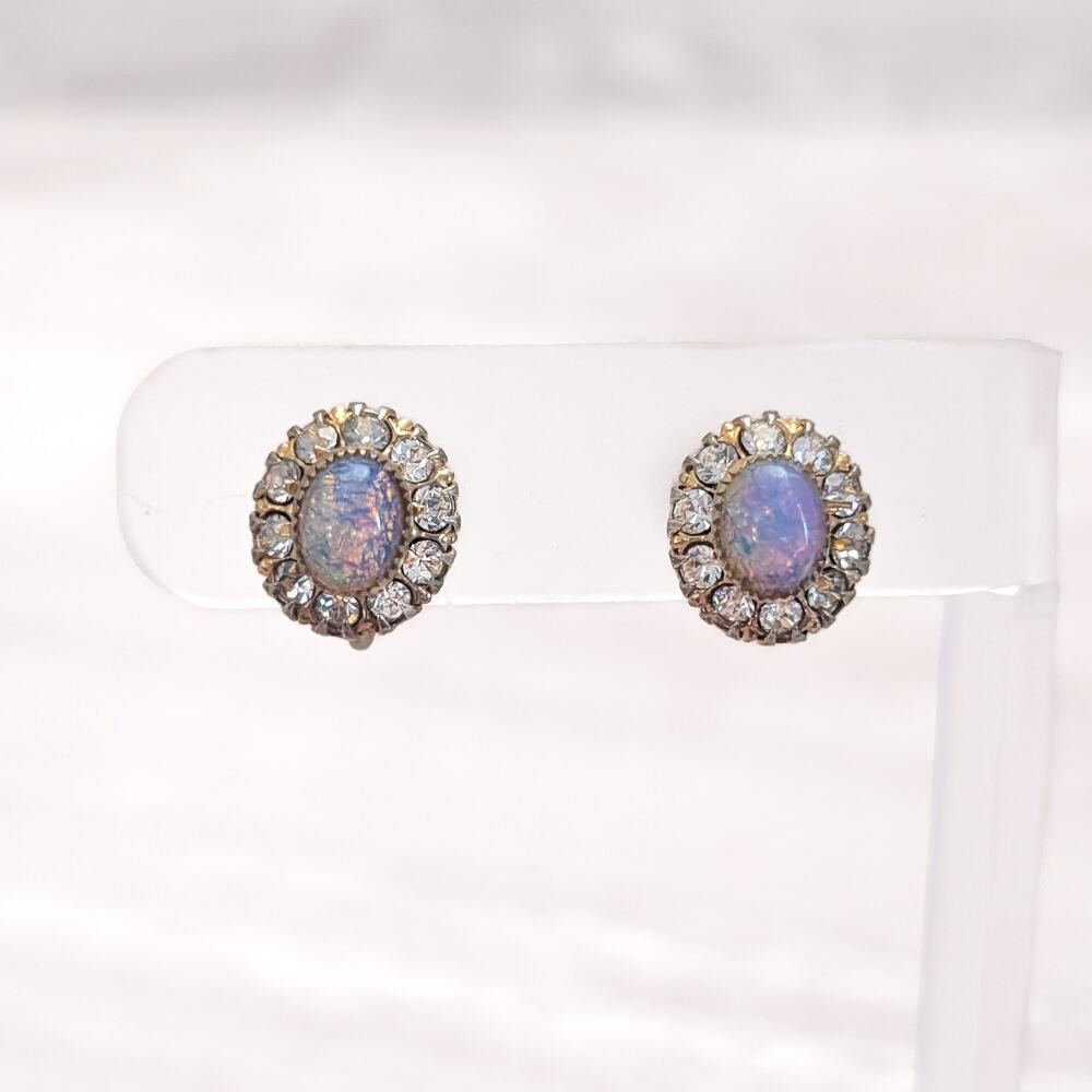 Vintage Vargas Screw Back Earrings Opal & Clear Gem Oval
